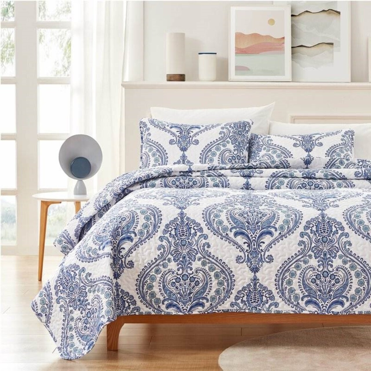 Soft Microfiber Reversible Blue/White Baroque Design Quilt Set